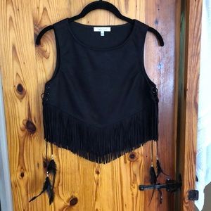 Lucy Paris Black Faux Suede Tassled Side Tie Crop Top